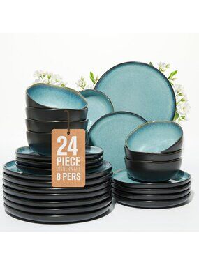 Elegant Stoneware Dinnerware Set for 8 - 24PC Ceramic Plates & Bowls, Stylish